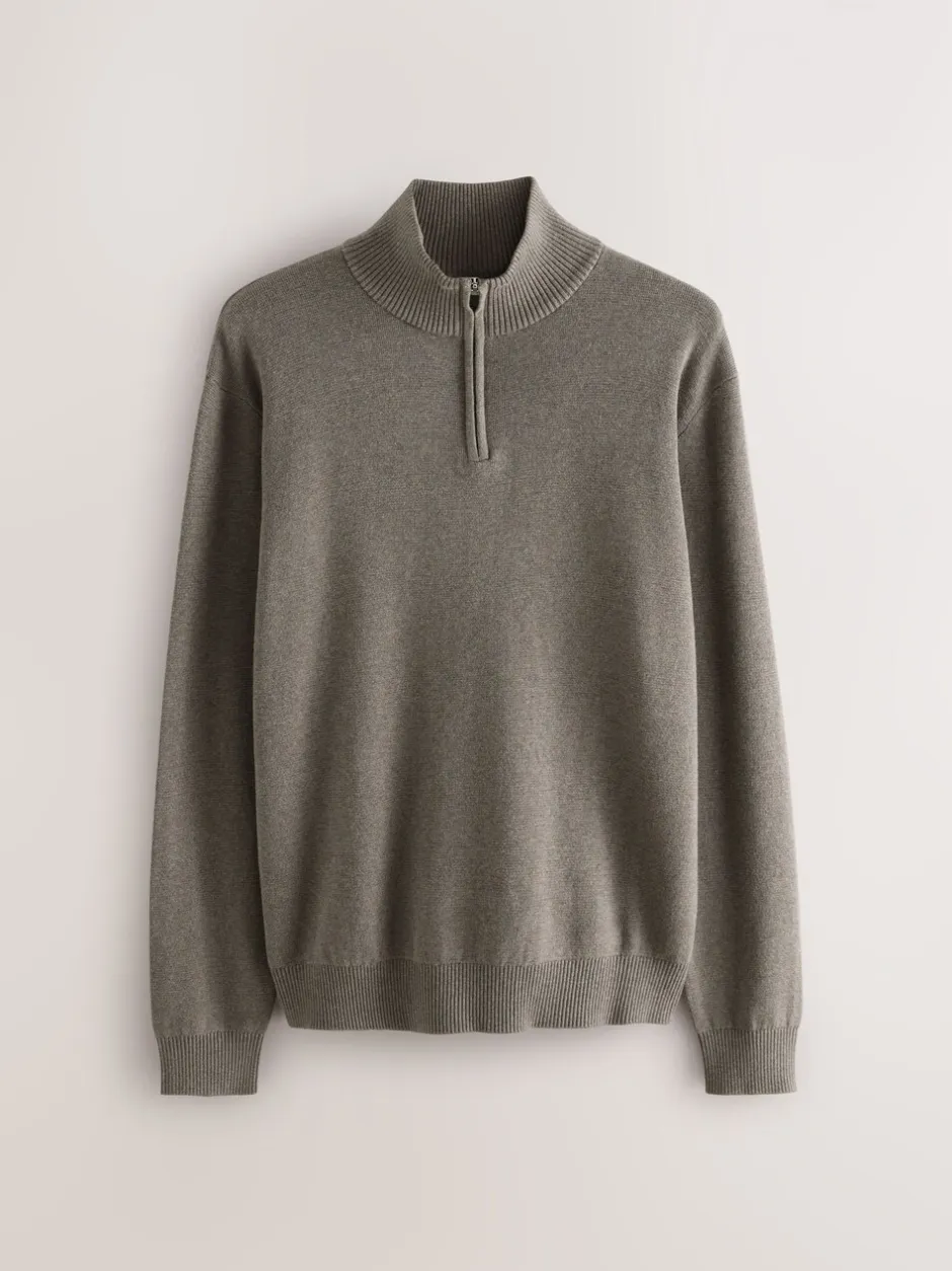 Gebreide Kleding|Next Donker kiezelkleurig - Effen - Regular fit 100% katoenen premium trui met korte rits