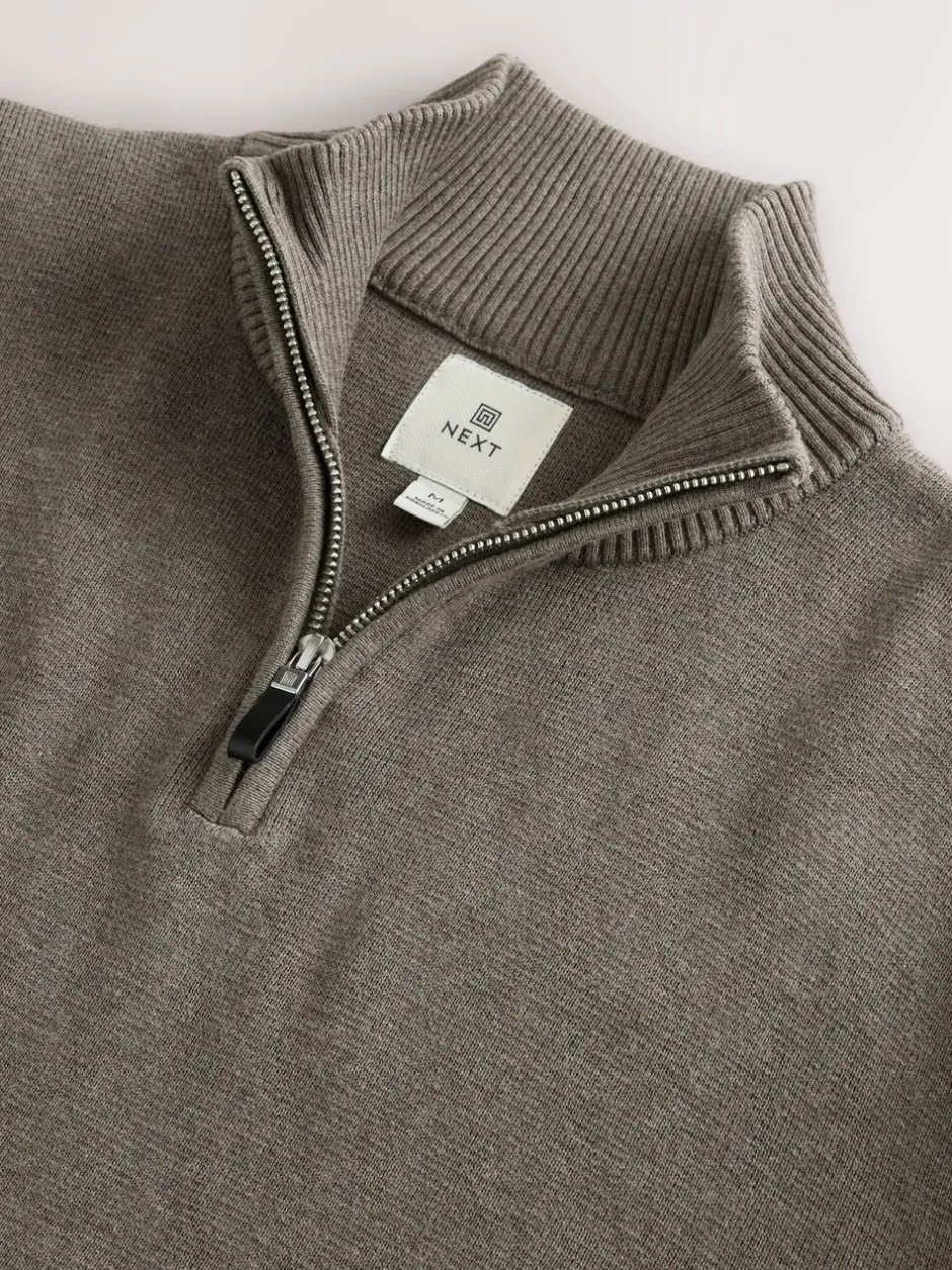 Gebreide Kleding|Next Donker kiezelkleurig - Effen - Regular fit 100% katoenen premium trui met korte rits