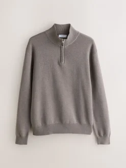 Gebreide Kleding*Next - 100% Cotton Regular Fit Premium Quarter Zip Jumpers 2 Pack Donker steengrijs/saliegroen