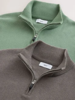 Gebreide Kleding*Next - 100% Cotton Regular Fit Premium Quarter Zip Jumpers 2 Pack Donker steengrijs/saliegroen