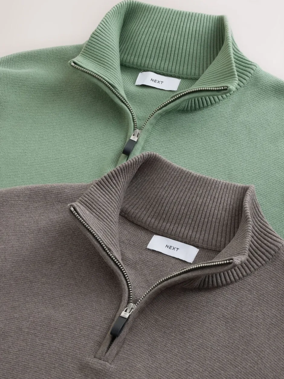 Gebreide Kleding*Next - 100% Cotton Regular Fit Premium Quarter Zip Jumpers 2 Pack Donker steengrijs/saliegroen