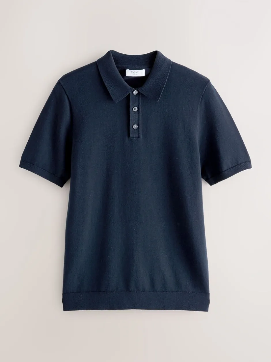 Gebreide Kleding|Poloshirts|Next - Aansluitend - Gebreid poloshirt met hoog katoengehalte en korte mouwen Donkerblauw