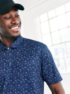 Poloshirts|Next - Active Geometric Print Golf Polo Shirt Donkerblauw