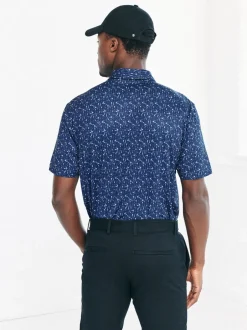 Poloshirts|Next - Active Geometric Print Golf Polo Shirt Donkerblauw