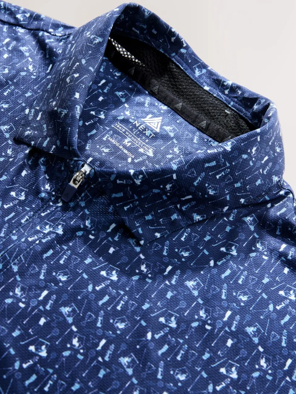 Poloshirts|Next - Active Geometric Print Golf Polo Shirt Donkerblauw