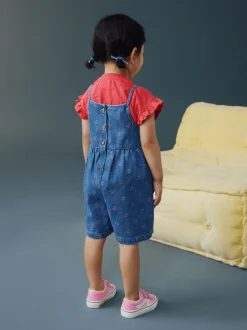 Jumpsuits En Playsuits*Next Donkerblauw - Cherry Printed Denim Playsuit and T-Shirt (3mths-7yrs)