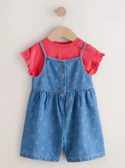 Jumpsuits En Playsuits*Next Donkerblauw - Cherry Printed Denim Playsuit and T-Shirt (3mths-7yrs)