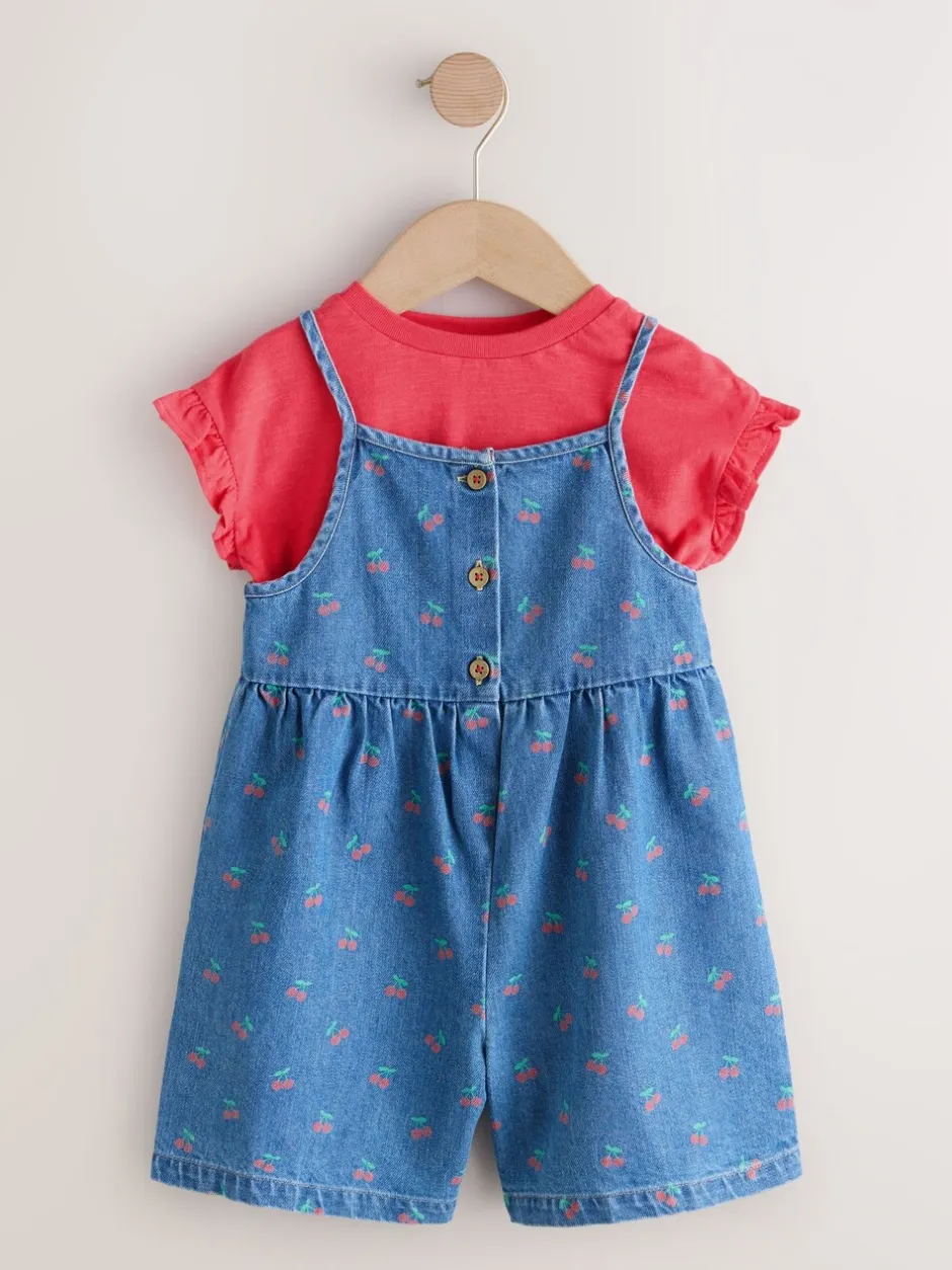 Jumpsuits En Playsuits*Next Donkerblauw - Cherry Printed Denim Playsuit and T-Shirt (3mths-7yrs)