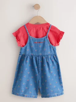Jumpsuits En Playsuits*Next Donkerblauw - Cherry Printed Denim Playsuit and T-Shirt (3mths-7yrs)