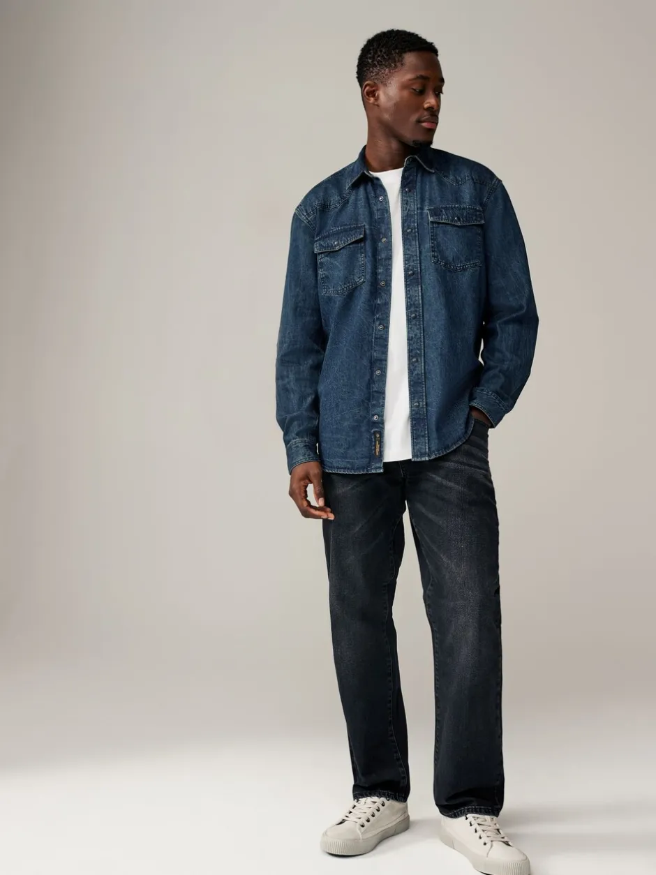 Shirts*Next - Denim Western 100% Cotton Long Sleeve Shirt Donkerblauw