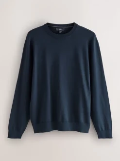 Gebreide Kleding|Next - Effen - Regular Fit Cotton Rich Crew Neck Jumper Donkerblauw