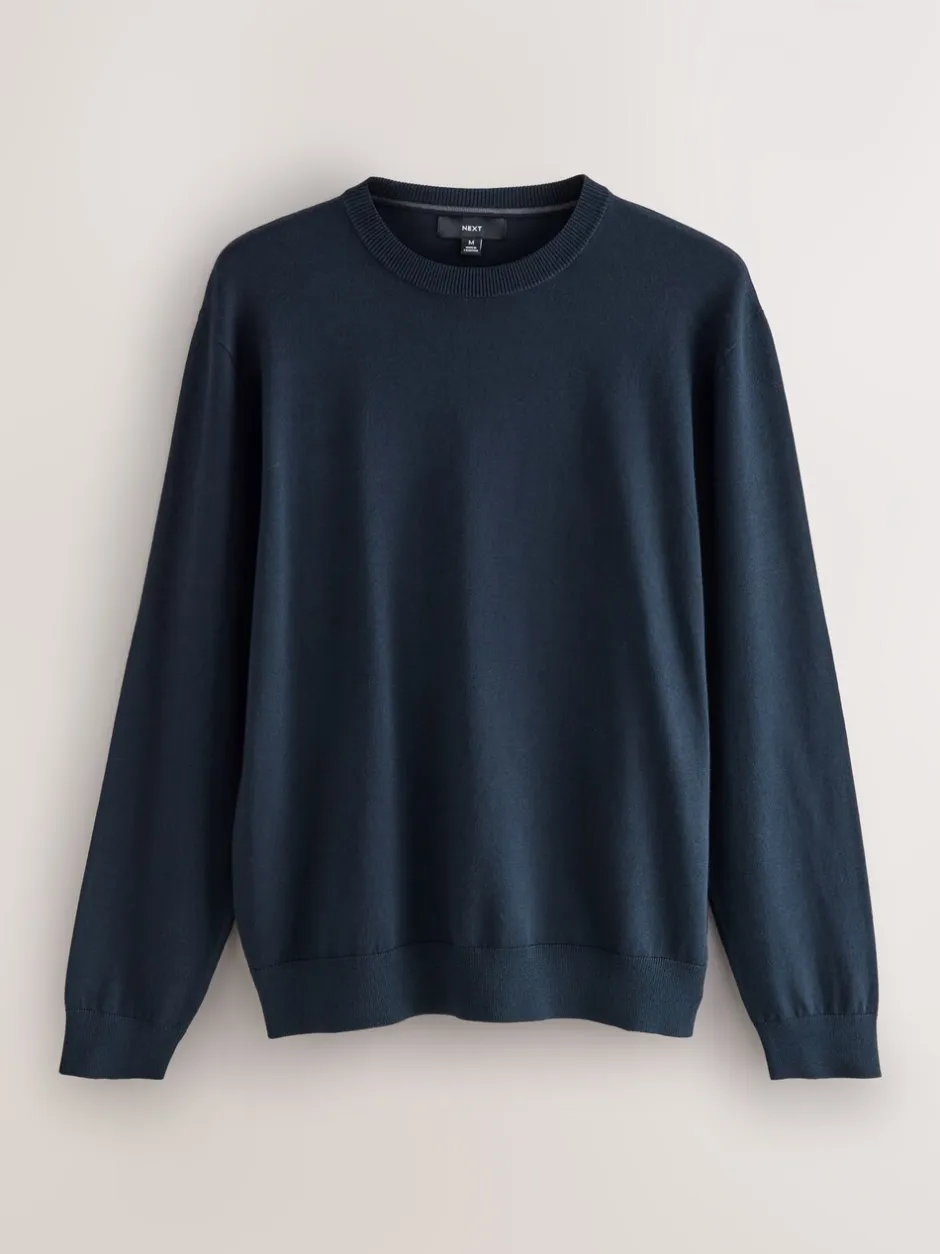 Gebreide Kleding|Next - Effen - Regular Fit Cotton Rich Crew Neck Jumper Donkerblauw