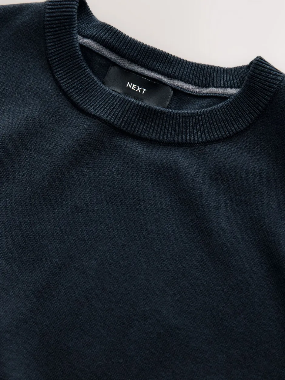 Gebreide Kleding|Next - Effen - Regular Fit Cotton Rich Crew Neck Jumper Donkerblauw