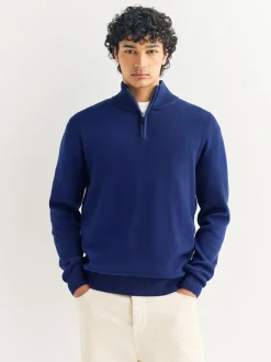 Gebreide Kleding*Next Donkerblauw - Effen - Regular fit 100% katoenen premium trui met korte rits
