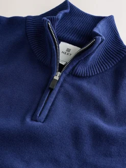 Gebreide Kleding*Next Donkerblauw - Effen - Regular fit 100% katoenen premium trui met korte rits