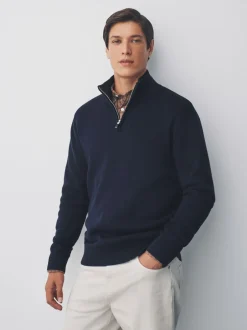Gebreide Kleding*Next Donkerblauw - Effen - Regular fit 100% katoenen premium trui met korte rits