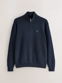 Gebreide Kleding|Next - Hertlogo - Regular fit 100% katoenen premium trui met korte rits Donkerblauw