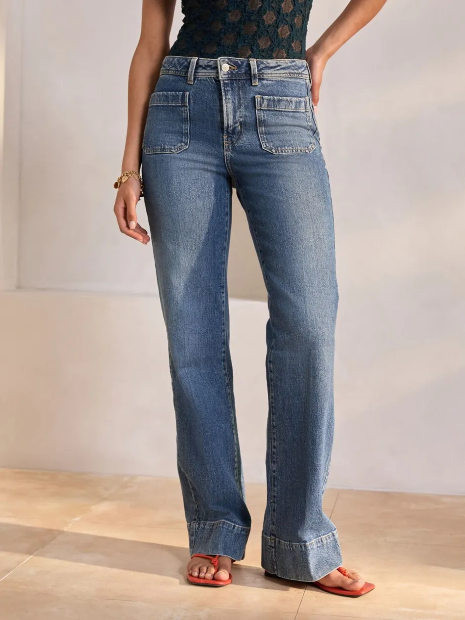 Jeans*Next - Jeans met wijde pijpen en opgestikte zakken Donkerblauw