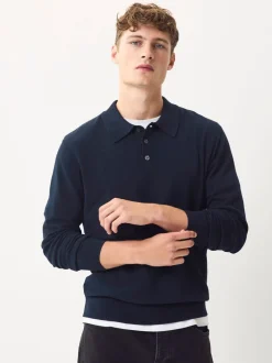 Gebreide Kleding|T-Shirts En Hemden|Next Donkerblauw - Normale Pasvorm - Katoenrijk gebreid poloshirt met lange mouwen