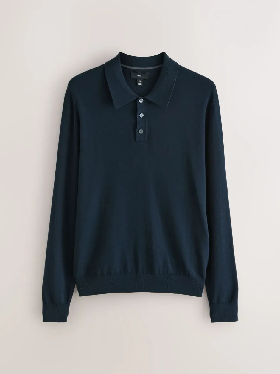 Gebreide Kleding|T-Shirts En Hemden|Next Donkerblauw - Normale Pasvorm - Katoenrijk gebreid poloshirt met lange mouwen