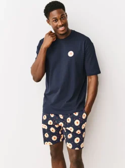 Pyjama's|Loungewear*Next Donkerblauw - Printed Short Sleeve Jersey Pyjamas Set
