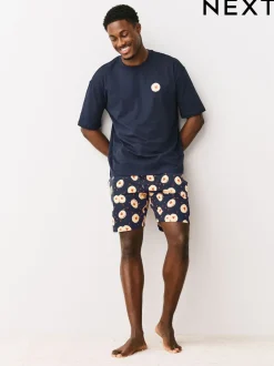 Pyjama's|Loungewear*Next Donkerblauw - Printed Short Sleeve Jersey Pyjamas Set