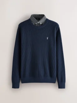Gebreide Kleding|Next - Regular Fit Rib Texture Mock Shirt Jumper Donkerblauw