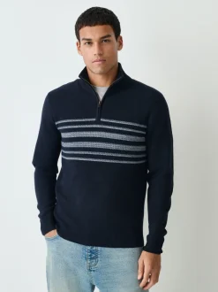 Gebreide Kleding|Next Donkerblauw - Regular Fit Essential Chest Block Stripe Quarter Zip Neck Jumper