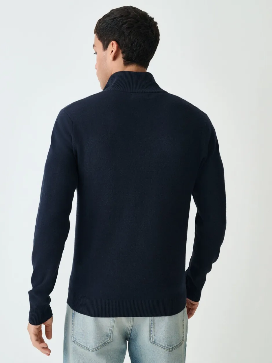 Gebreide Kleding|Next Donkerblauw - Regular Fit Essential Chest Block Stripe Quarter Zip Neck Jumper