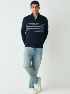 Gebreide Kleding|Next Donkerblauw - Regular Fit Essential Chest Block Stripe Quarter Zip Neck Jumper