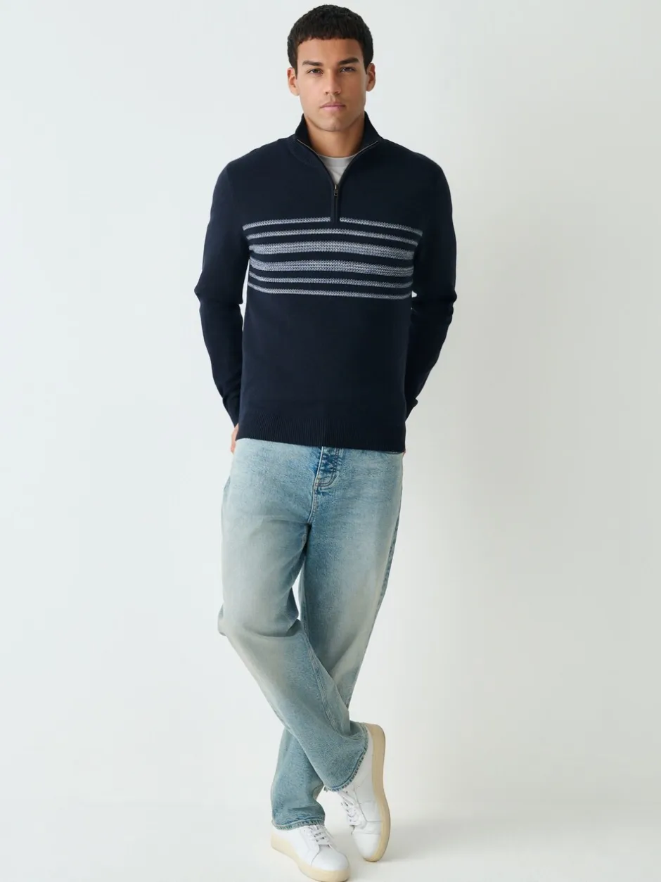 Gebreide Kleding|Next Donkerblauw - Regular Fit Essential Chest Block Stripe Quarter Zip Neck Jumper