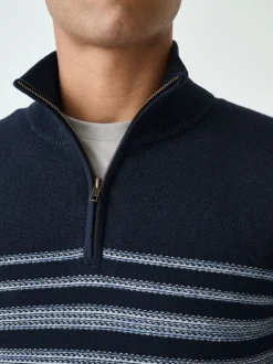 Gebreide Kleding|Next Donkerblauw - Regular Fit Essential Chest Block Stripe Quarter Zip Neck Jumper