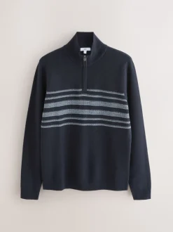 Gebreide Kleding|Next Donkerblauw - Regular Fit Essential Chest Block Stripe Quarter Zip Neck Jumper