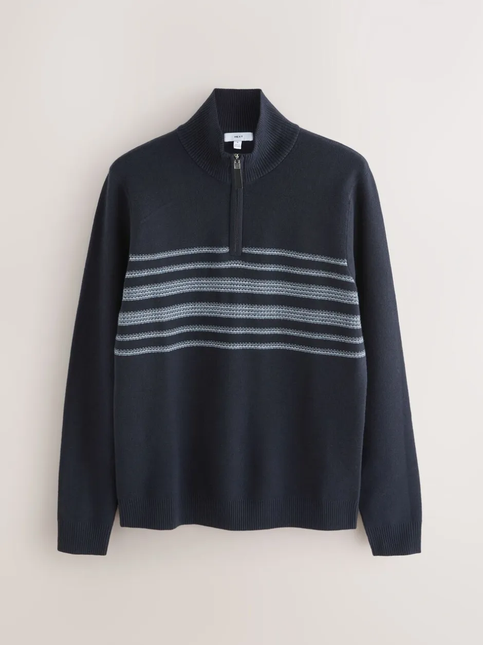 Gebreide Kleding|Next Donkerblauw - Regular Fit Essential Chest Block Stripe Quarter Zip Neck Jumper