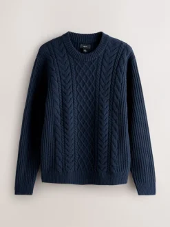 Gebreide Kleding|Next Donkerblauw - Regular Fit Aran Cable Knit Crew Neck Jumper with Wool