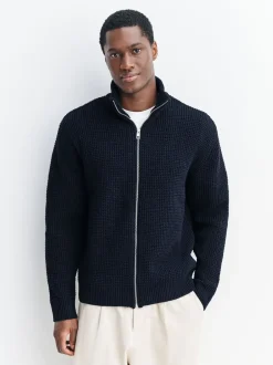 Gebreide Kleding|Next Donkerblauw - Regular Fit Waffle Texture Chenille Zip Through Cardigan