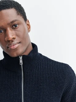 Gebreide Kleding|Next Donkerblauw - Regular Fit Waffle Texture Chenille Zip Through Cardigan