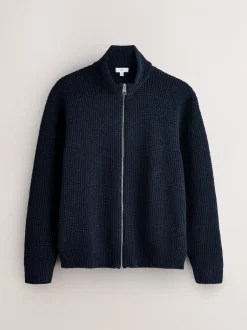 Gebreide Kleding|Next Donkerblauw - Regular Fit Waffle Texture Chenille Zip Through Cardigan
