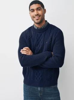 Gebreide Kleding*Next Donkerblauw - Regular Fit Aran Cable Mock Shirt Jumper