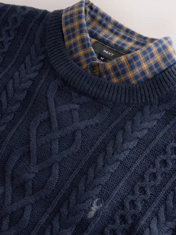 Gebreide Kleding*Next Donkerblauw - Regular Fit Aran Cable Mock Shirt Jumper