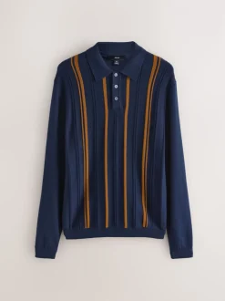 Gebreide Kleding|Poloshirts*Next - Regular-fit poloshirt met lange mouwen, streepdessin en hoog katoengehalte Donkerblauw