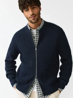 Gebreide Kleding|Next - Rib Texture Zip Through Cardigan with Wool Donkerblauw