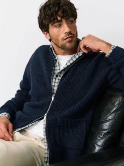 Gebreide Kleding|Next - Rib Texture Zip Through Cardigan with Wool Donkerblauw