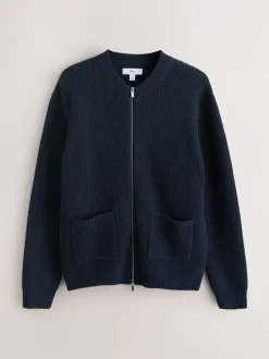 Gebreide Kleding|Next - Rib Texture Zip Through Cardigan with Wool Donkerblauw