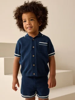 Shorts*Next - Set van gebreid poloshirt met textuur en reverskraag en shorts (3mnd -10jr) Donkerblauw