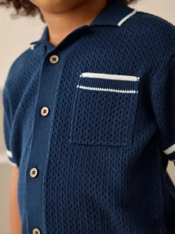 Shorts*Next - Set van gebreid poloshirt met textuur en reverskraag en shorts (3mnd -10jr) Donkerblauw