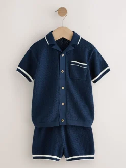 Shorts*Next - Set van gebreid poloshirt met textuur en reverskraag en shorts (3mnd -10jr) Donkerblauw