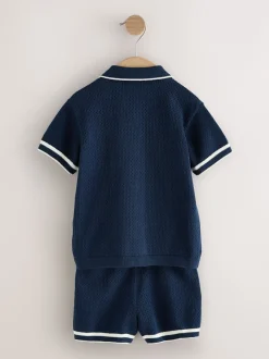 Shorts*Next - Set van gebreid poloshirt met textuur en reverskraag en shorts (3mnd -10jr) Donkerblauw