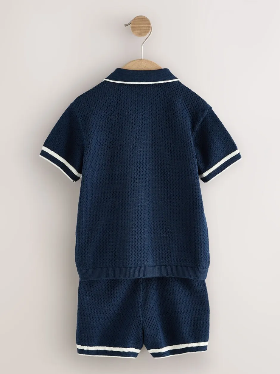 Shorts*Next - Set van gebreid poloshirt met textuur en reverskraag en shorts (3mnd -10jr) Donkerblauw