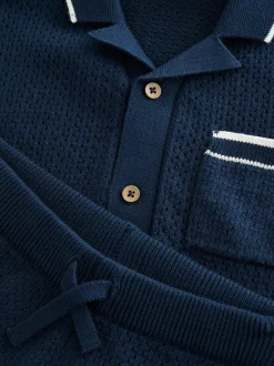 Shorts*Next - Set van gebreid poloshirt met textuur en reverskraag en shorts (3mnd -10jr) Donkerblauw